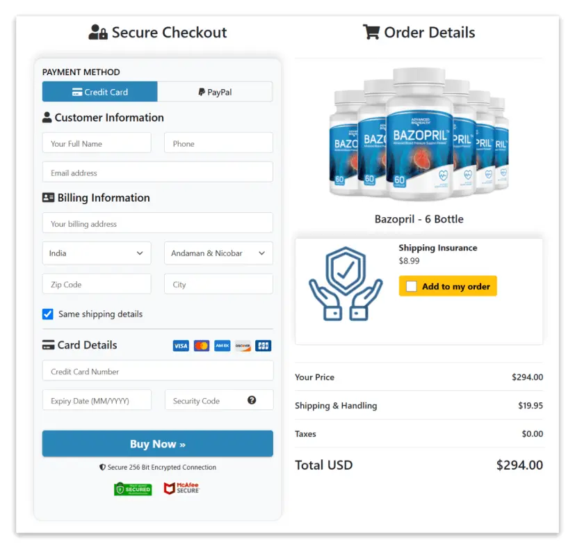 Bazopril Secure Checkout Page